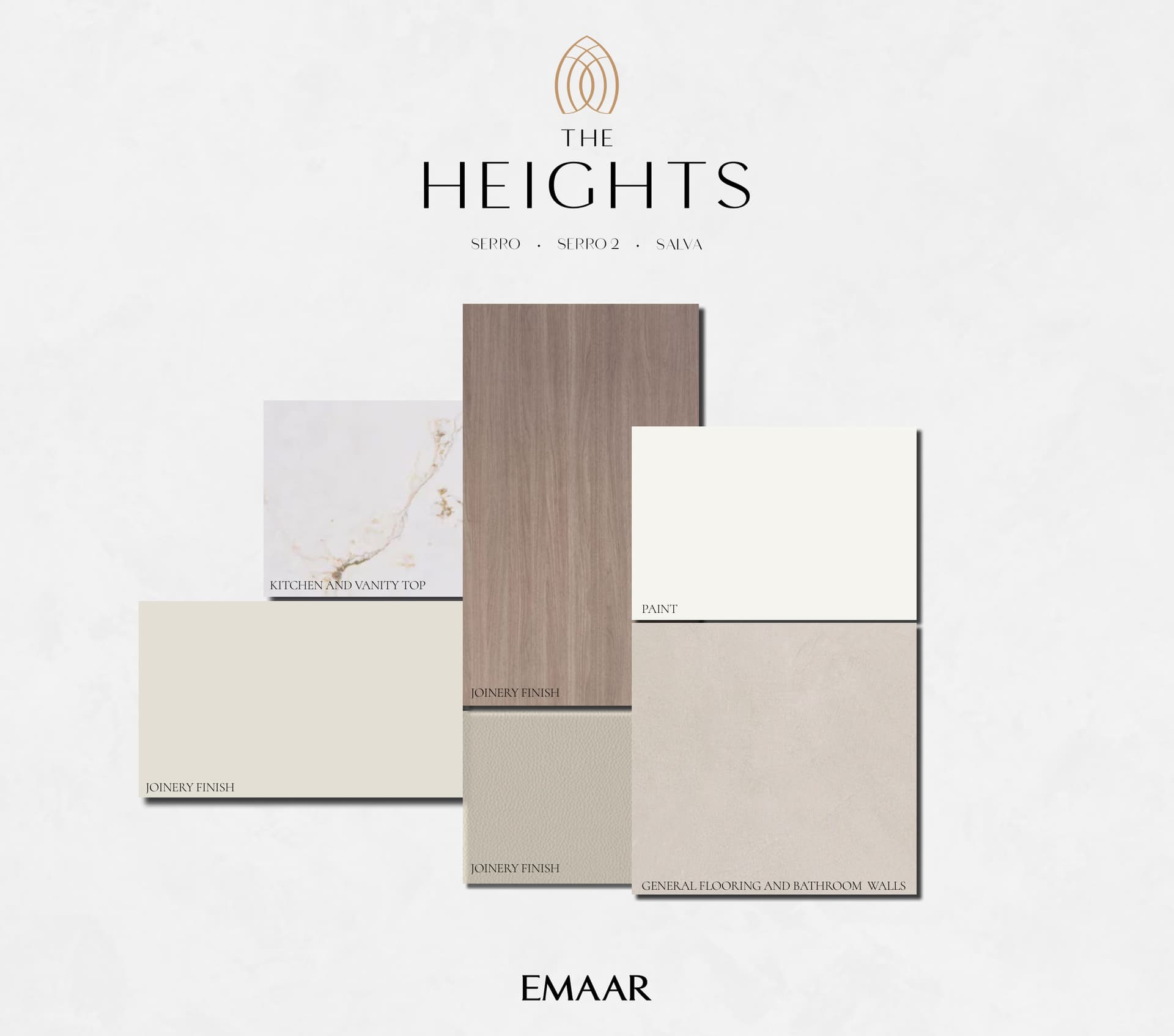 Salva villa finishing schedule showing shared Serro cluster kitchen, vanity, joinery, paint, and flooring specifications at The Heights